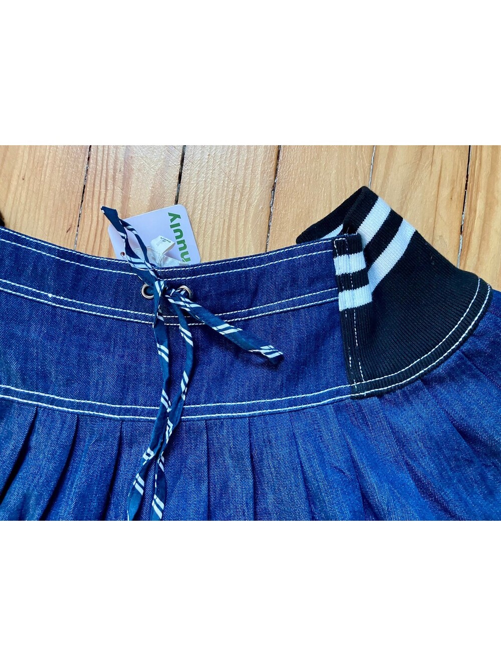 NWT Pilcro Anthropologie Dark Denim Circle Mini Skirt Striped Tie Sporty Prep L - Picture 8 of 11
